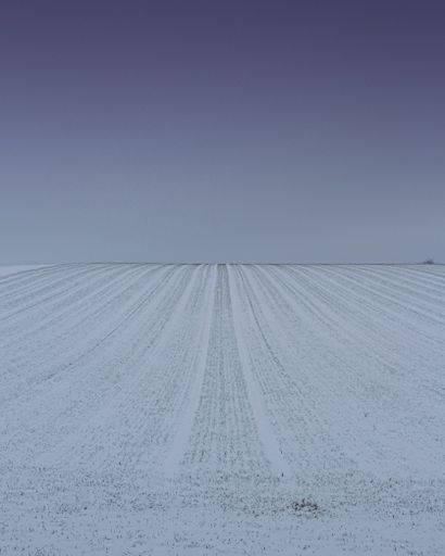 A vertical shot of a snow-covered field in the evening under the dark sky