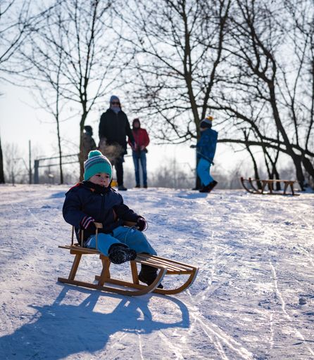 Young three years old Polish Caucasian boy riding a wooden slide on snow at a park on a cold winter day.
