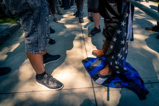 Blue Lives Matter and Black Lives Matter protesters clash in front of the New York State Capitol building in Albany, New York