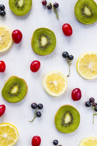 a vertical shot of Currant, Cornus and dogberry, lemon and kiwi close