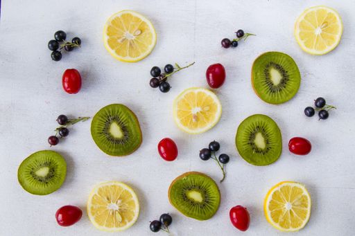 a closeup of Currant, Cornus and dogberry, lemon and kiwi