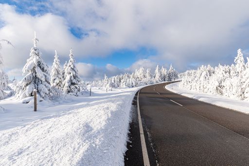 A beautiful shot of a road leading through snowy trees in the Black Forest mountains of Germany