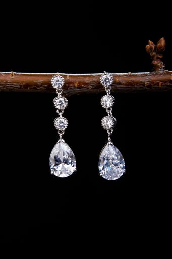 A vertical closeup of beautiful earrings on a branch isolated on black background.