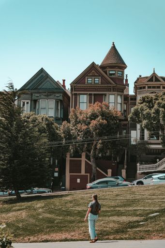 A scenic view of old residential houses on a green sidewalk on a sunny day