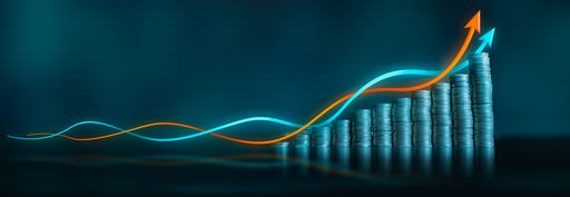 Two intertwined blue and orange economic growth lines run up a series of coin columns on a reflective black surface against a dark blue background