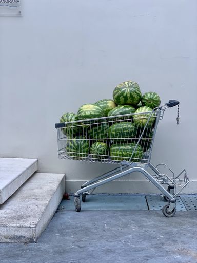 A vertical shot of a cart full of organic watermelons