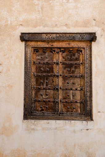 A vertical shot of an old traditional Indian gate on the wall of a historic structure