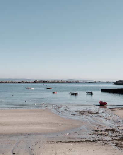 A vertical shot of boats near the seashore