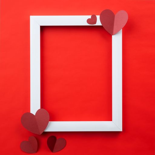A white frame and paper hearts against a red background with copy space