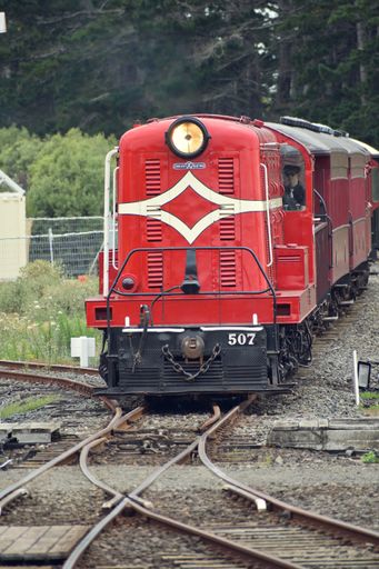 View of English Electric DE507 diesel locomotive pulling train at Glenbrook Vintage Railway
