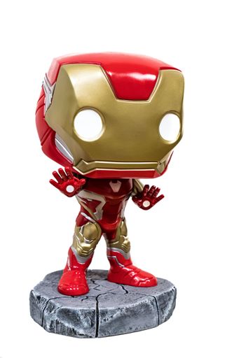 Large size funko pop figure of the character Iron Man with armor on from the Marvel group isolated on white background