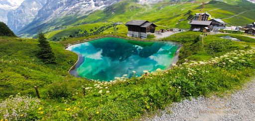 A mesmerizing view of the pond in the Swiss Alps at daytime