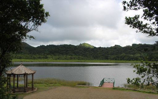 A beautiful view of gazebo and trees near the river under cloudy sky
