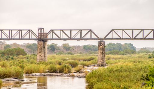 A wide angle shot of a bridge going over the Kruger National Park in South Africa