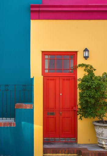 A closeup shot of the red door of a yellow building and a plant next to it