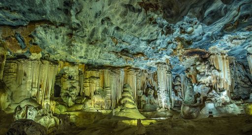 A wide angle shot of the inside of the Cango Caves in Boplaas, South Africa