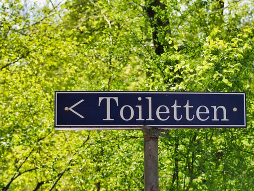 A street sign showing toilets on the left side with green, lush trees in the background
