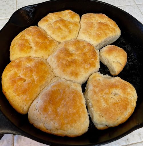 A high angle shot of freshly baked homemade buttermilk biscuits in a black iron skillet pan