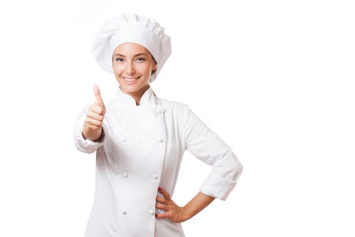 Gorgeous young brunette chef woman isolated on white background.