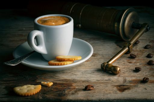 Cup of Coffee with Vintage Grinder, Cookie and Coffee Beans. Turkish Cofee on Old Wooden Table. Dark Orange Teal.