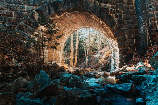 A flowing rocky river in background of stony arch surrounded by trees