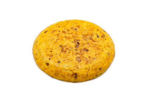Spanish tortilla made of potatoes, eggs and onion on isolated white background.