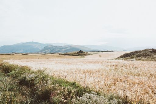 A wide angle shot of a dry landscape with mountains under a cloudy sky