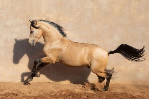 A brown Andalusian Spanish Pura Raza Espanola horse running against a beige background
