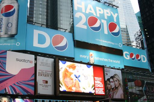 Happy 2010 Pepsi Zero billboard advertisements line the buildings of Times Square