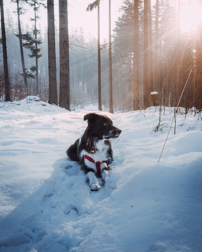 A vertical shot of border collie lying down in the snow with sun rays background