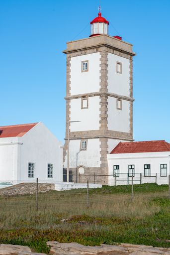 Cabo Carvoeiro Cape Lighthouse white building in Peniche, Portugal