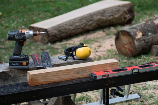 A closeup shot of carpenter's tools on the working space