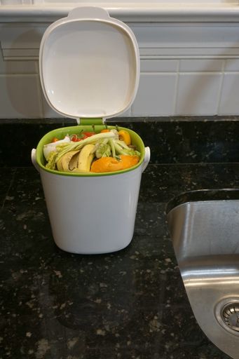 Food waste collection bin sitting on a countertop next to the sink.  Ready for composting.