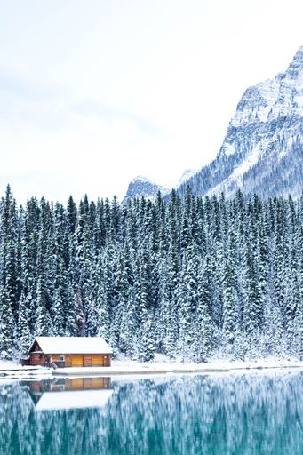 A vertical shot of a cottage on the shore of Lake Louise in winter. Banff National Park, Canada.