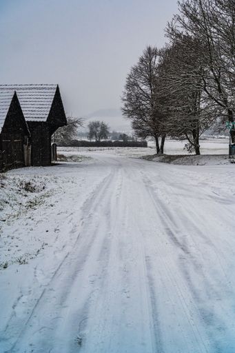 A vertical shot of old snow-covered barns and bare trees
