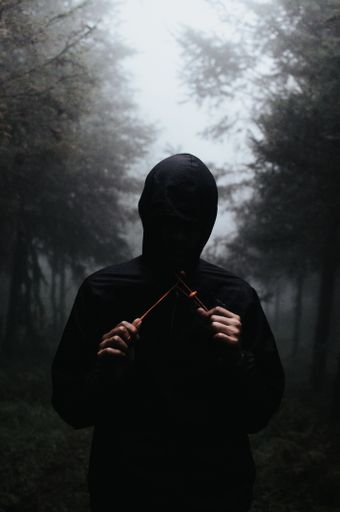 A vertical shot of a person in a black outfit and mask standing in the woods.