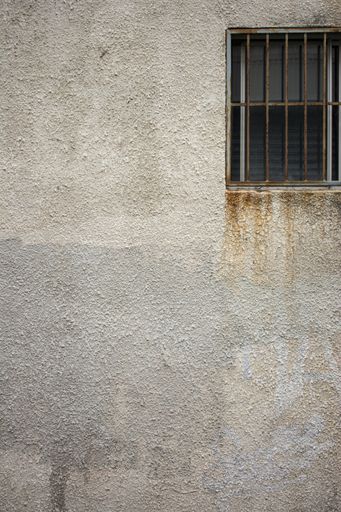A vertical shot of an old concrete building with a rusty window during daytime