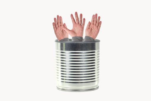 A metal tin with hands on it isolated on a white background