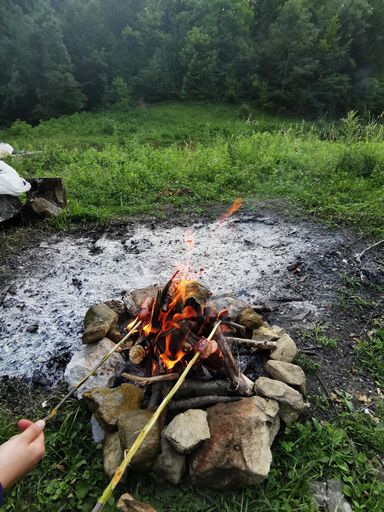 A vertical shot of hikers grilling sausages on a bonfire