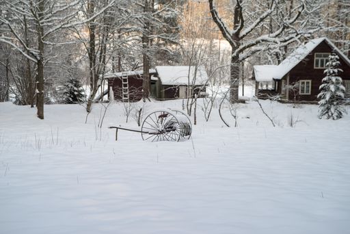 A beautiful winter landscape with cozy houses and snow-covered trees