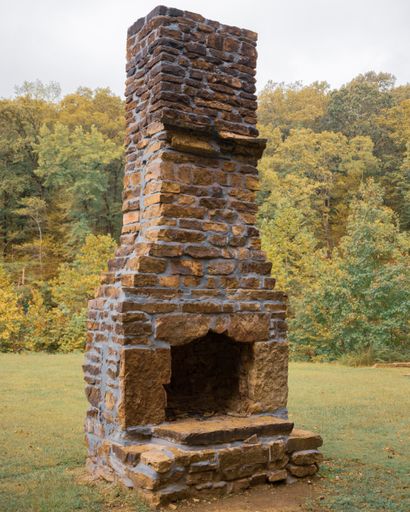 A vertical shot of a brick chimney  the forest in autumn
