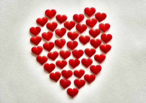A closeup of small red heart shapes forming a big heart against a gray background