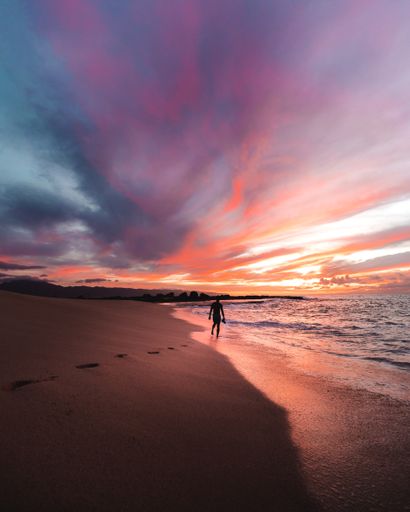 A back view of a male photographer walking towards sea surrounded by an amazing sunset scene