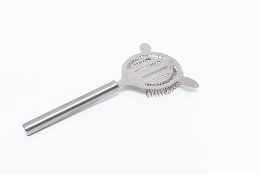 A closeup shot of a stainless steel cocktail strainer isolated on a white background
