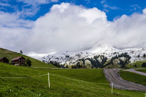 A beautiful shot of a trail through green valleys to snowy mountains in Vorarlberg, Austria