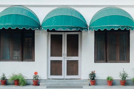 A close-up shot of a buildings entrance facade