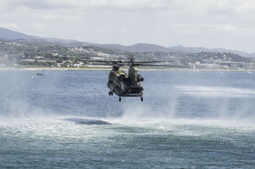 Barcelona, Spain; August 5, 2018: Big double rotor helicopter of the spanish army. Boeing CH-47D Chinook