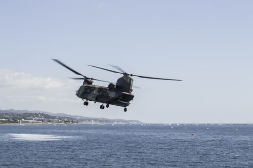 Barcelona, Spain; August 5, 2018: Big double rotor helicopter of the spanish army. Boeing CH-47D Chinook