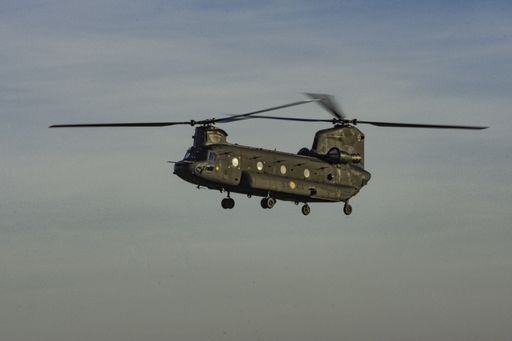 Barcelona, Spain; August 5, 2018: Big double rotor helicopter of the spanish army. Boeing CH-47D Chinook