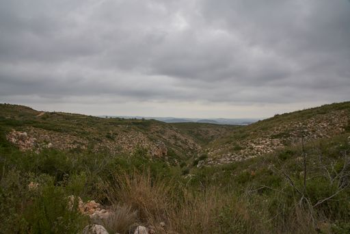 A cloudy sky over the green landscape on a gloomy day